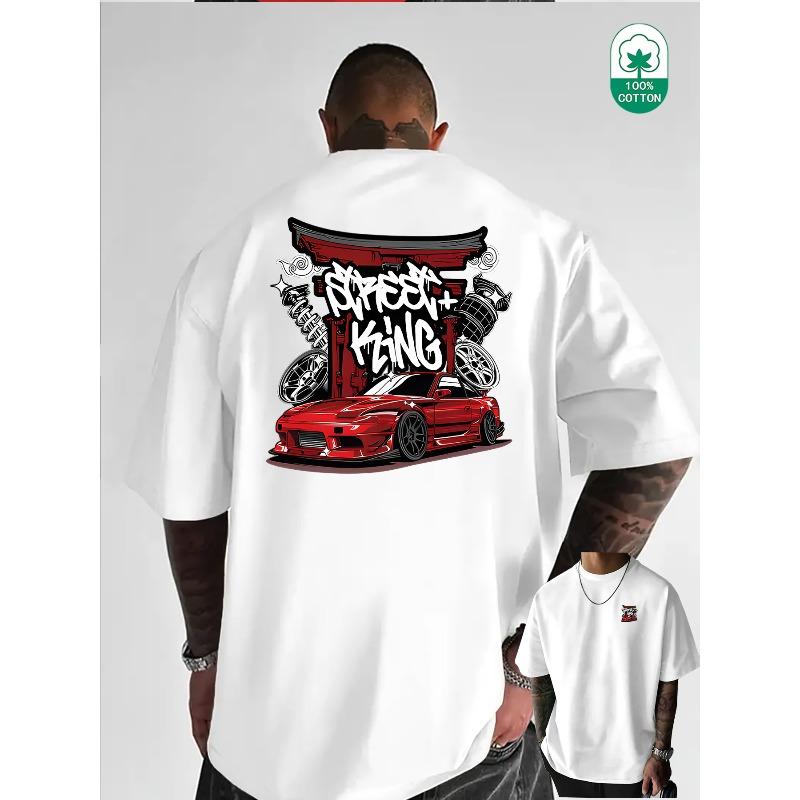 European Size Men Crew Neck T Shirt, Heavy Metal Racing Letter Front Back Print, Versatile Streetwear for Commute Office Home Leisure Daily Wear
