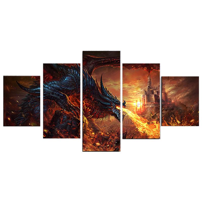 Модульные картины, холст, настенное искусство, 5 панелей, огненный дракон, World Of Warcraft, игровые картины, печатный постер, украшение для гостиной, дома