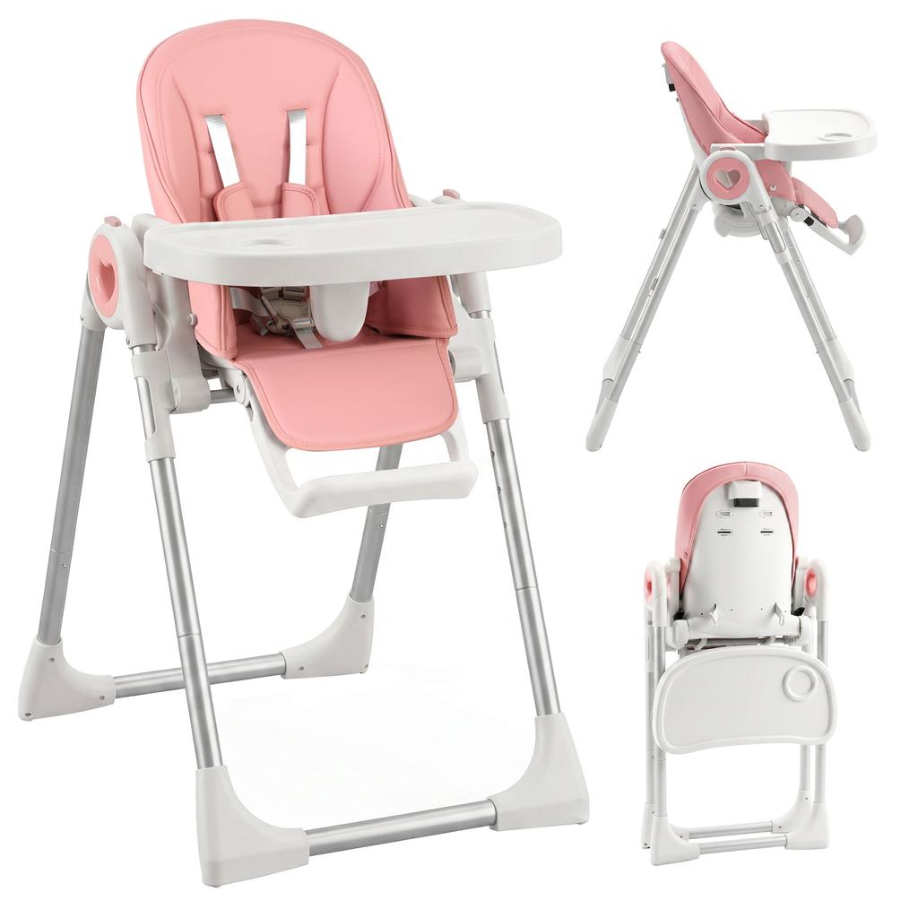 Folding High Chair, 6-36 Months, Adjustable Height, Double Washable Tray, Wheels, Pink