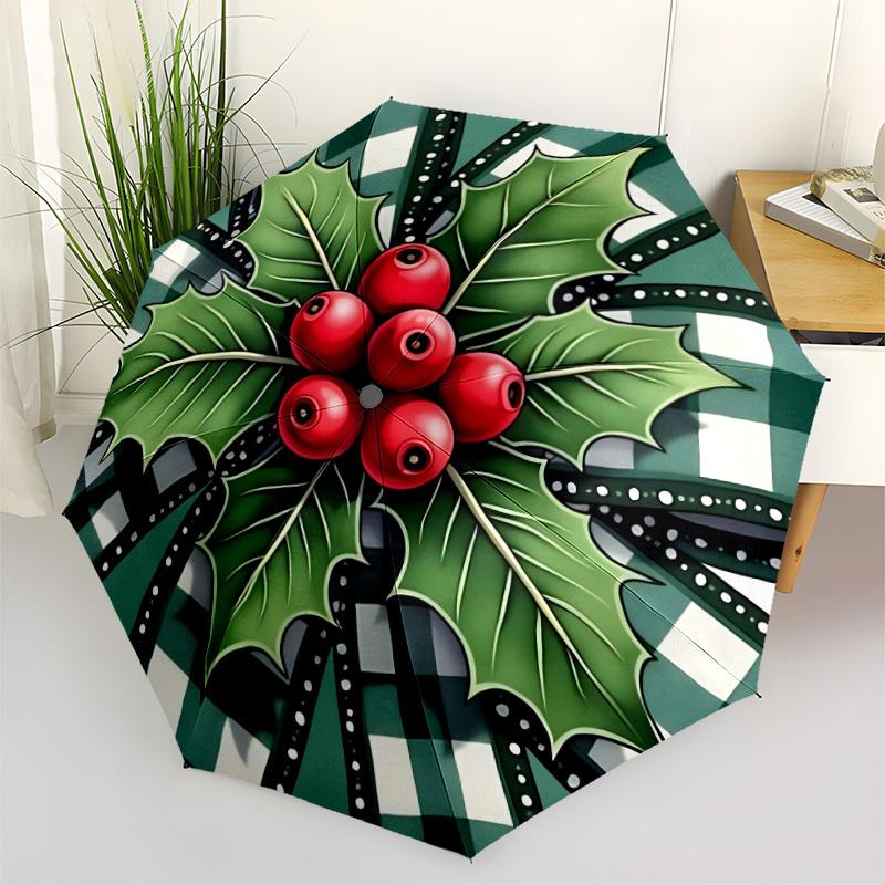 1pc Holly Berries Automatic Open/Close Umbrella, Portable Folding Umbrella, Compact Travel Umbrella for099