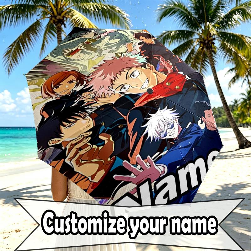 Custom Name Personalized Jujutsu Kaisen Print Umbrella, Auto Open Close, 8‑Rib Sturdy Frame, Commute Camping Hiking Use, Birthday Gift