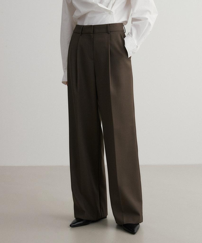 SUARE WOMEN Wool Single-Pleat Semi-Wide Slacks Brown