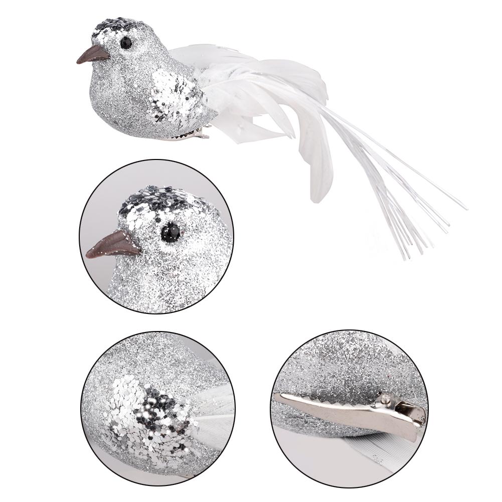 12pcs Artificial Bird Silver Christmas Tree Decorative Bird Ornament with Metal Clip