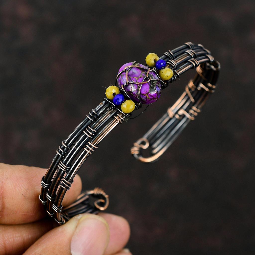 Медный Фиолетовый Бирюзовый Браслет Желтый Коралл и Лазурит Бусы Манжеты Медная проволока Ювелирные Изделия Регулируемый Браслет Драгоценный Камень Манжета Ручной Работы