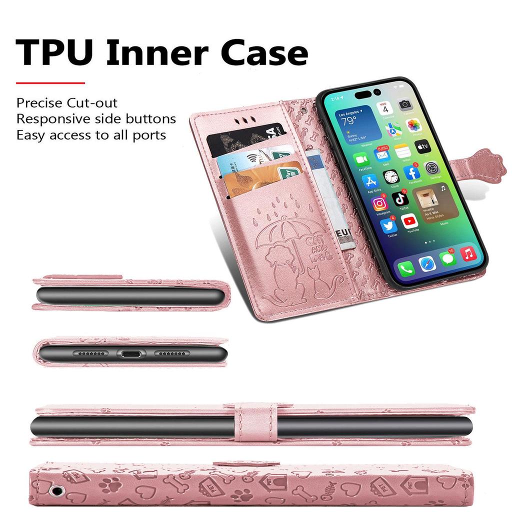 iPhone 16 Flip Leather Case - PU Embossed Cat Dog Design - Compatible with Apple 15