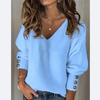 Women's Light Blue V-Neck Ribbed Sweater - Elegant Long Sleeve Pullover with Faux Button Detail,  Fall Winter Top for Casual