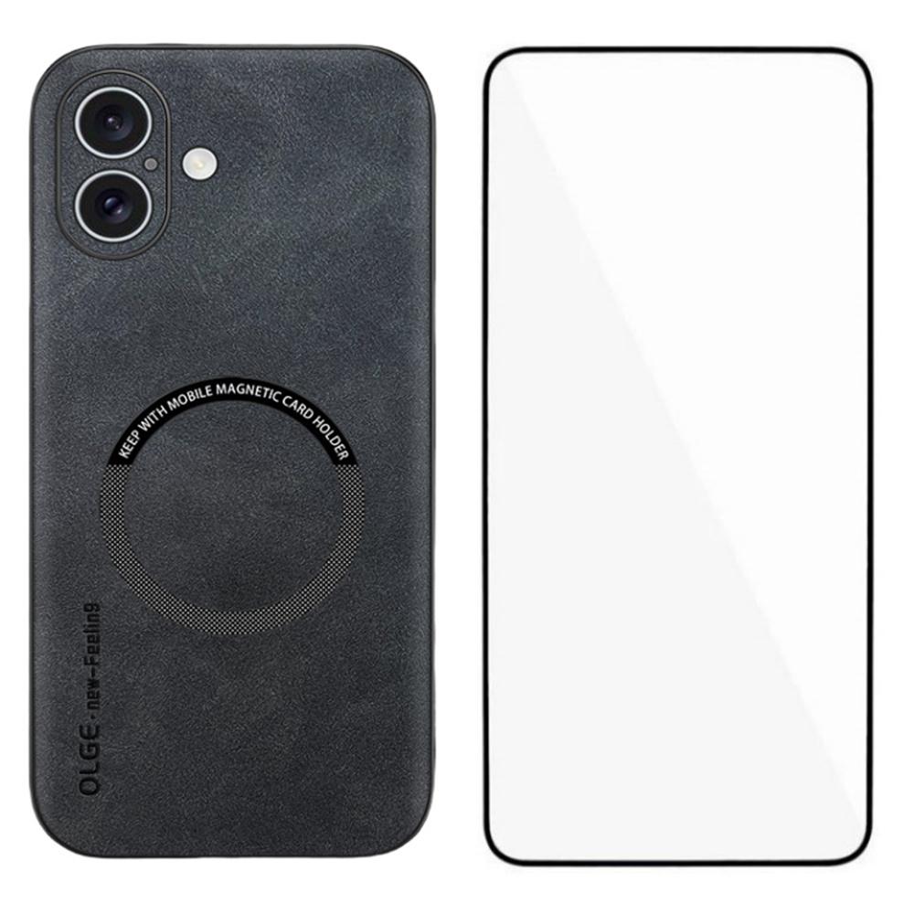 For iPhone 16 Magnetic Case with Tempered Glass Film PU Leather+TPU Phone Cover Precise Cutouts
