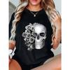 Women Casual Round Neck T Shirt Black Skull and Roses Print Fashion Top Daily Wear Street Style Outfit