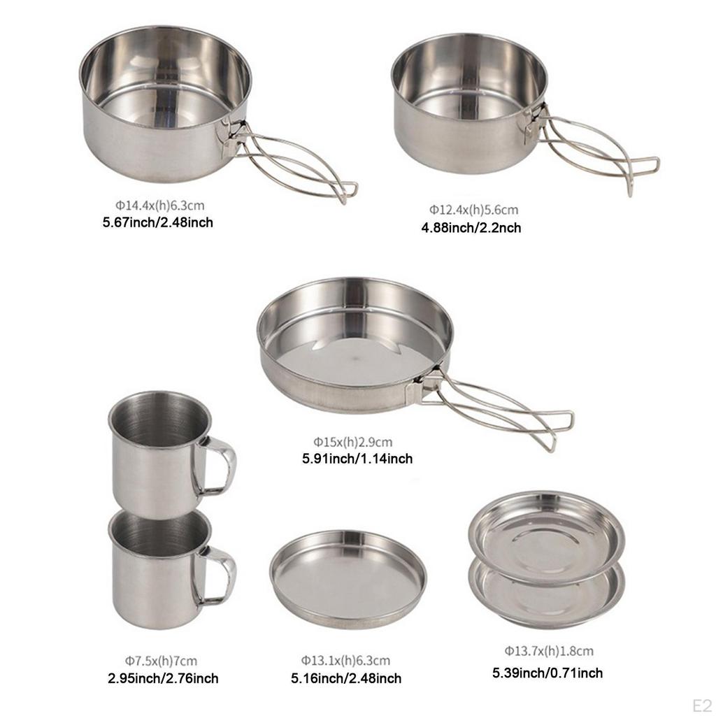 8x Camping Cookware Mess Kit Utensils Set Folding Handle Cookset Pot Pan Cup Gear Outdoor