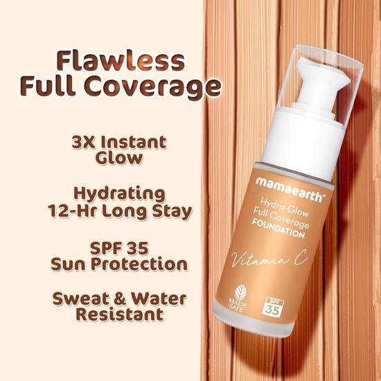 Mamaearth Жидкая тональная основа Hydra-Glow Full Coverage Dewy Finish с витамином С и куркумой - 30 мл|Полное покрытие
