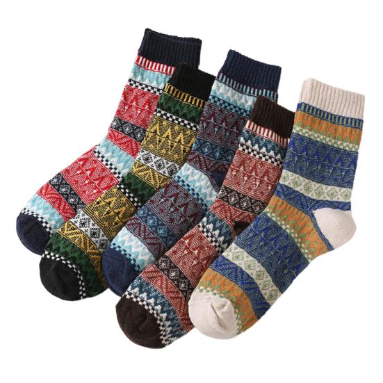 5 Pairs Men Winter Socks Mid-tube Thick Thermal Insulation Ethnic Style Home Bedroom Wear Floor Socks Colorblock Anti-slip Knitted Daily Wear Socks