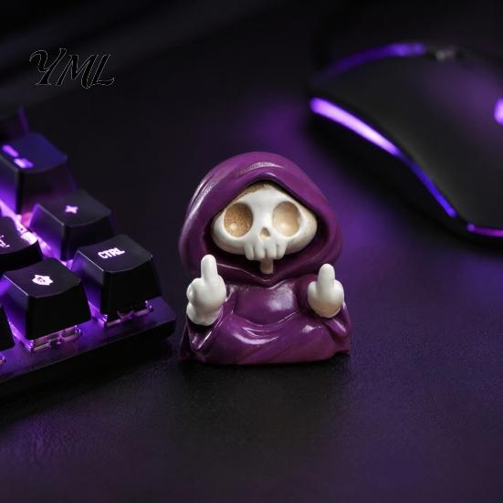 Purple Robe Skeleton Figurine for Halloween, Middle Finger Tabletop Display Figure Resin Statue, Gothic Walking Dog Sculpture Ornament Decorative