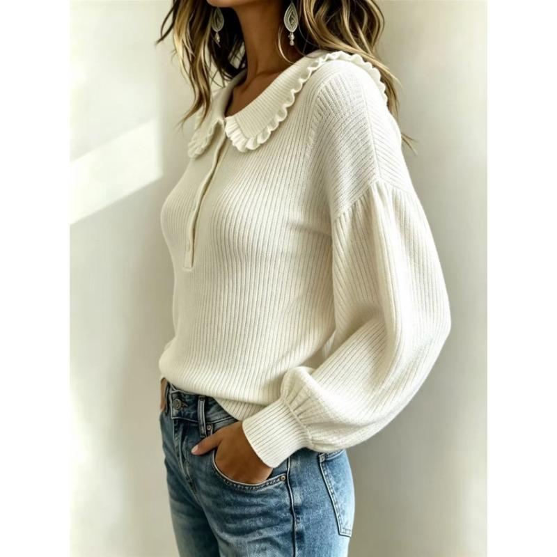 Women S Round Neck Long Sleeve Pullover Knit Sweater With Button Ruffle
