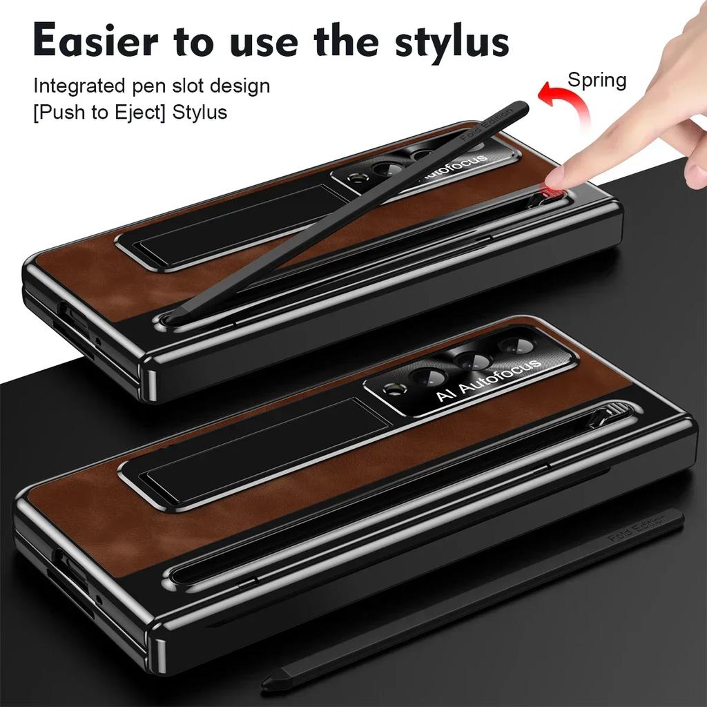Luxury Leather Bracket Pen Slot with Stylus Case for Samsung Galaxy Z Fold 6 5 4 Retro Style Count Hinge Seismic Protect Cover