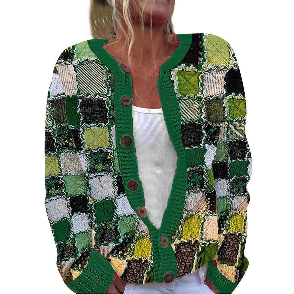 Женская мода ул.. Вязаный кардиган с длинными рукавами и принтом Патрика на пуговицах