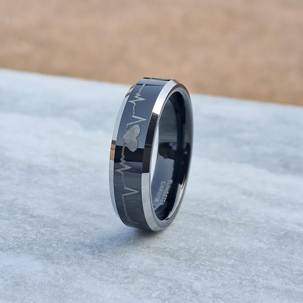 6mm Tungsten Ring with Cardiogram Design – A unique and durable choice for couples. Perfect wedding bands for men and women.