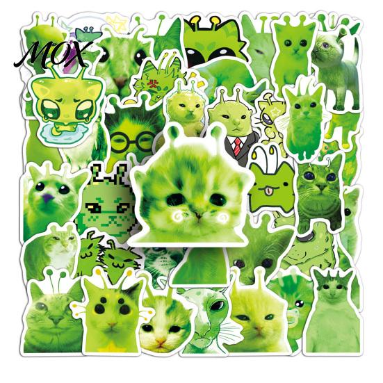 Personalized Stickers for Travel Luggage 50Pcs Funny Alien Cat Stickers, Waterproof Green Meme Vinyl Decals, Emoticon Skateboards Abstract Weird