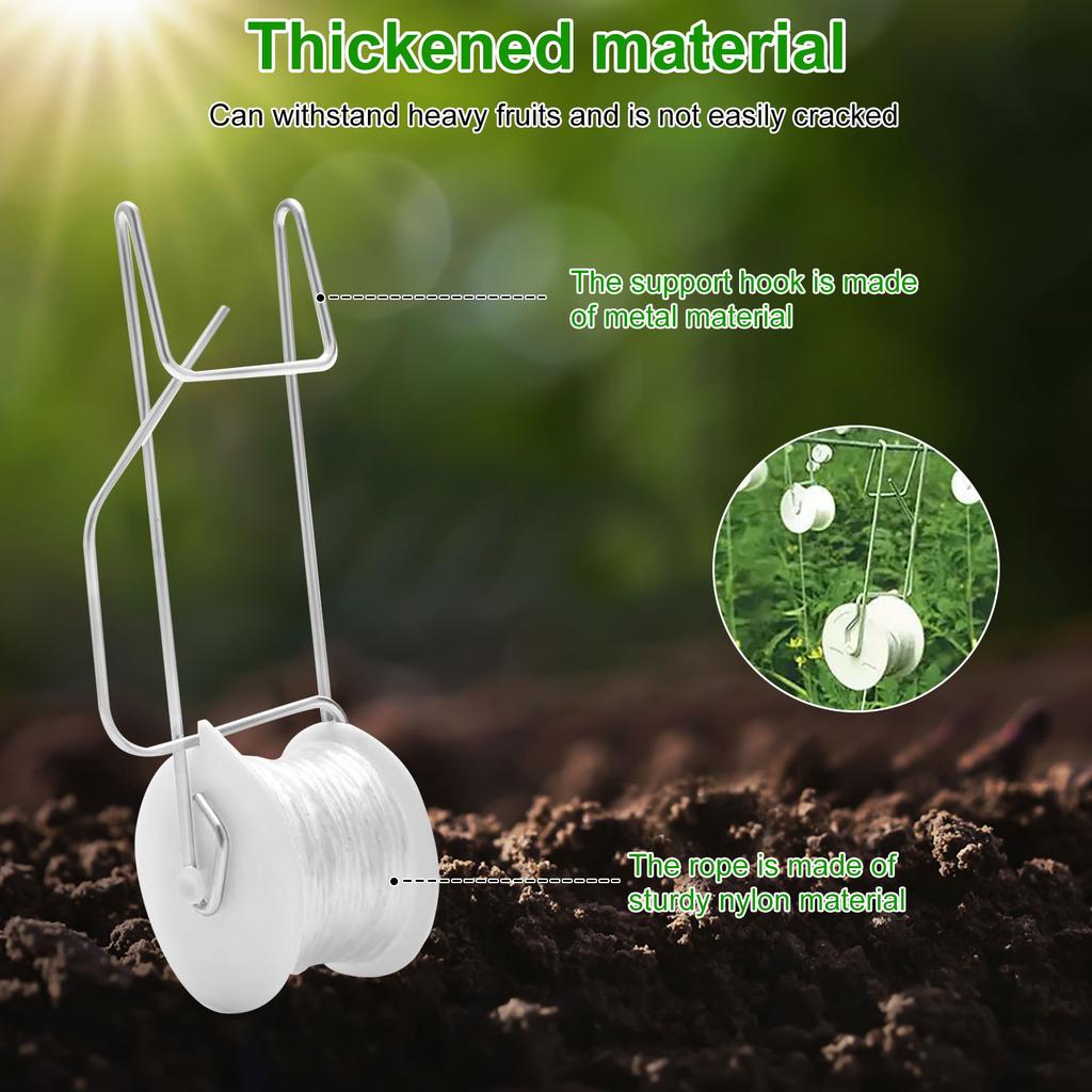 10 шт. Томатные роликовые крючки Прочный набор для шпалеры для цветочной лозы и урожая с 15-метровой веревкой Многоцелевой шпагат Роликовые крючки для шпалеры для лозы и урожая