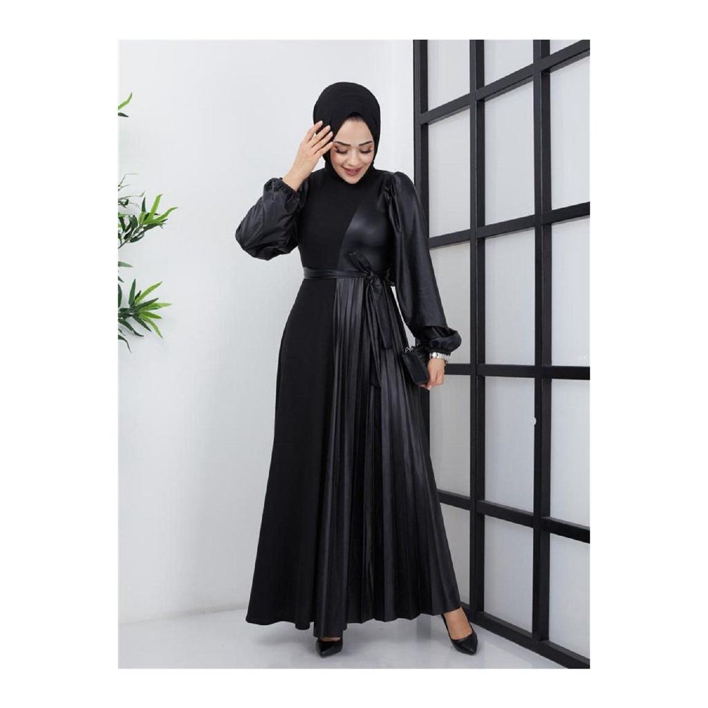 Женское базовое скромное стильное сезонное зимнее кожаное платье-хиджаб Brmck с украшением