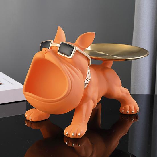 French Bulldog Figurine Key Storage Tray Big Mouth Sunglasses Dog Resin Statue Jewelry Trinket Keys Container Box Animal Desktop Decoration Ornament