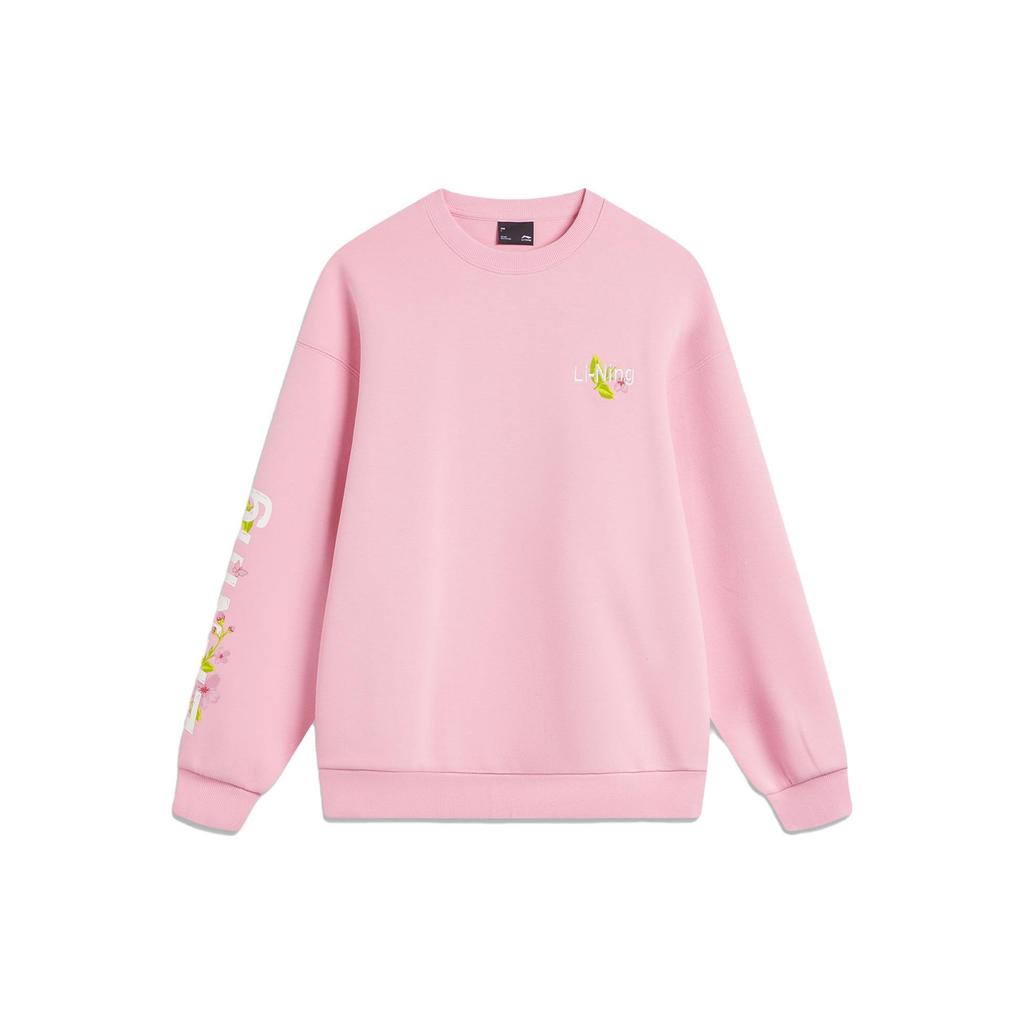 Li Ning Sports Lifestyle Series Letter Floral Round Neck Casual Knit Pullover Long Sleeve Sweatshirt Women Sweatshirt Sheer-Pink AWDU884-7