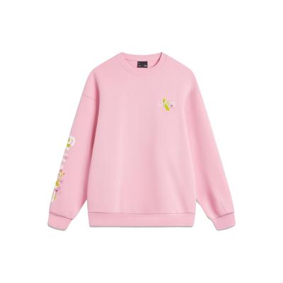 Li Ning Sports Lifestyle Series Letter Floral Round Neck Casual Knit Pullover Long Sleeve Hoody Women sweatshirt Sheer-Pink AWDU884-7