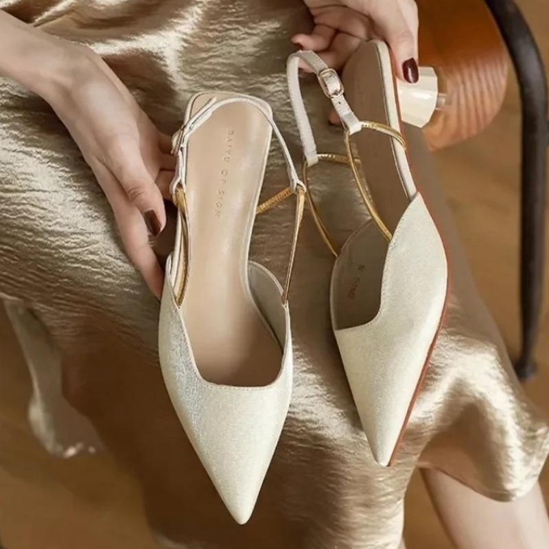 Мода 2024 Летние женские босоножки Элегантные заостренные офисные босоножки на низком каблуке Женские брендовые дизайнерские роскошные универсальные Zapatillas Mujer