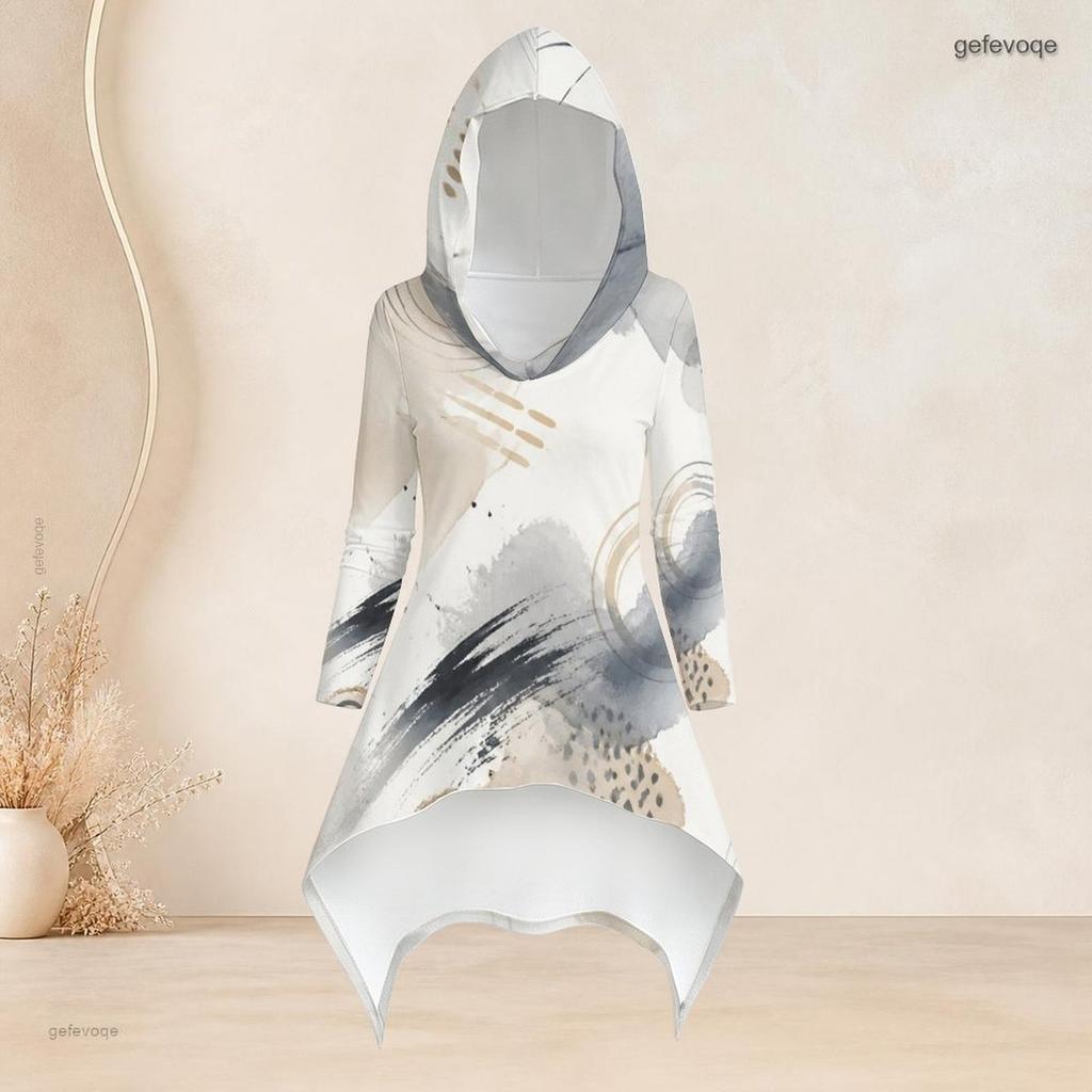 Women Plus Size Printed Hooded Long Sleeve High Low Top And Fitted Pants Two Piece Set