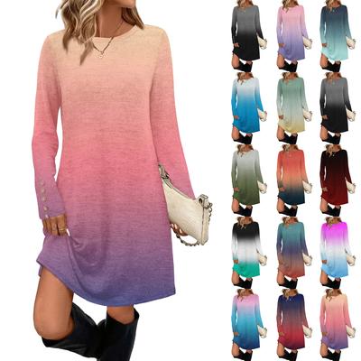 Женское модное повседневное платье с карманом, декоративными пуговицами, круглым вырезом и длинными рукавами