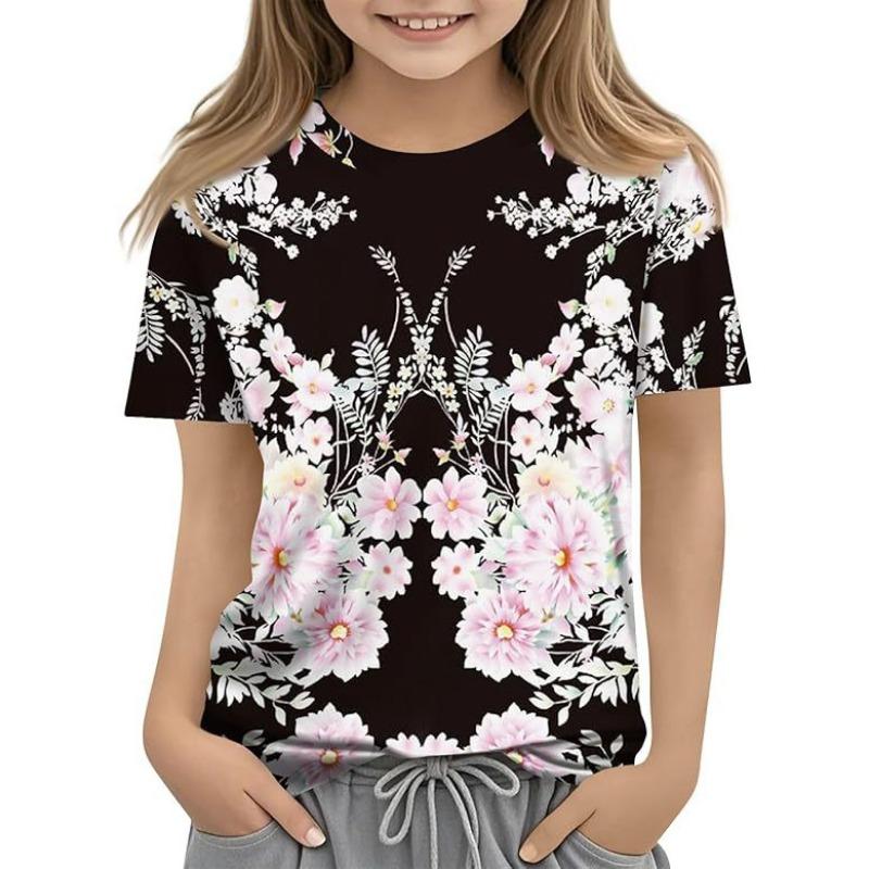 Детская футболка с 3D-принтом, новая повседневная универсальная детская одежда с цветочным 3D-принтом, футболка с короткими рукавами и круглым вырезом
