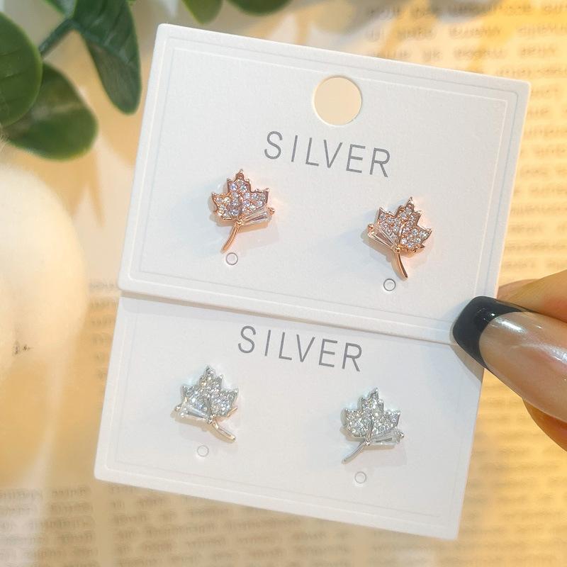 S925 Silver Maple Leaf Earrings Women Fashion Super Flashing Stone Mini Earrings