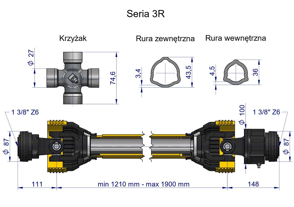 PTO shaft 1210-1900mm 460Nm one-way clutch CE 2020 series 3R Waryński