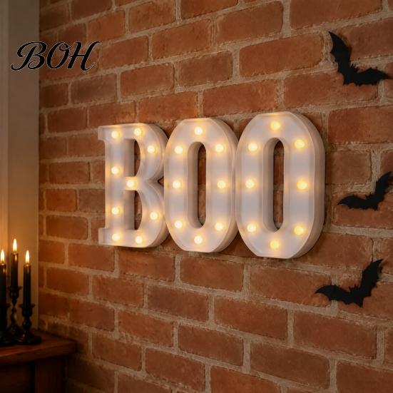 Fun Bedroom Glow Accents 3 Pcs Halloween Boo Letters with LED Light, Indoor Marquee Light Wall Mounted Sign Up BOO for Home Kitchen Fireplace