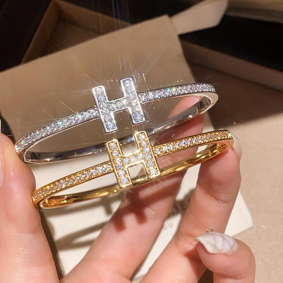 H-образный Браслет с Алмазной Тенью, Позолоченный 18K Золотом, с Цирконием, Ажурный - Роскошное Ювелирное Изделие для Руки