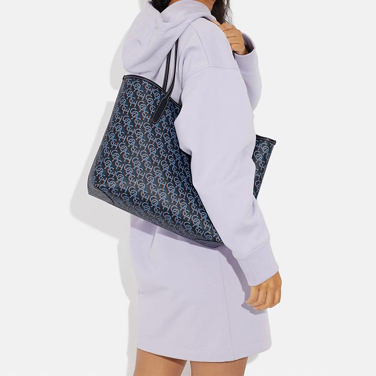 Coach City 33 Classic Monogram Snap Closure Canvas And Leather Tote Bag Women Tote Bags Navy-Blue CF342-IMNAV