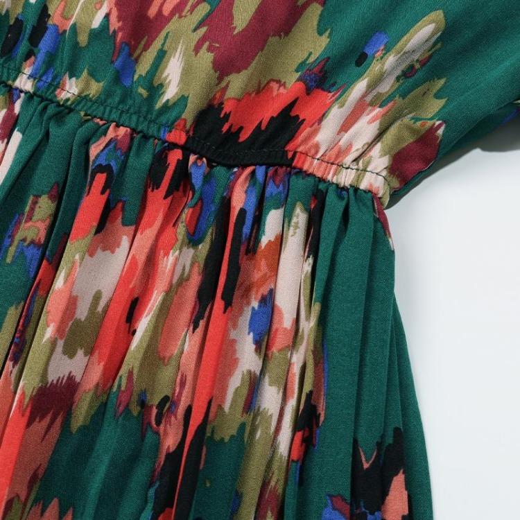 Elegant Women V-neck Chiffon Dress Long Sleeve High Waist A-Line Knee Length Print Winter Autumn