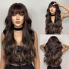 Гладкие и блестящие длинные вьющиеся волосы, большой волнистый парик, модная челка, черный коричневый женский парик