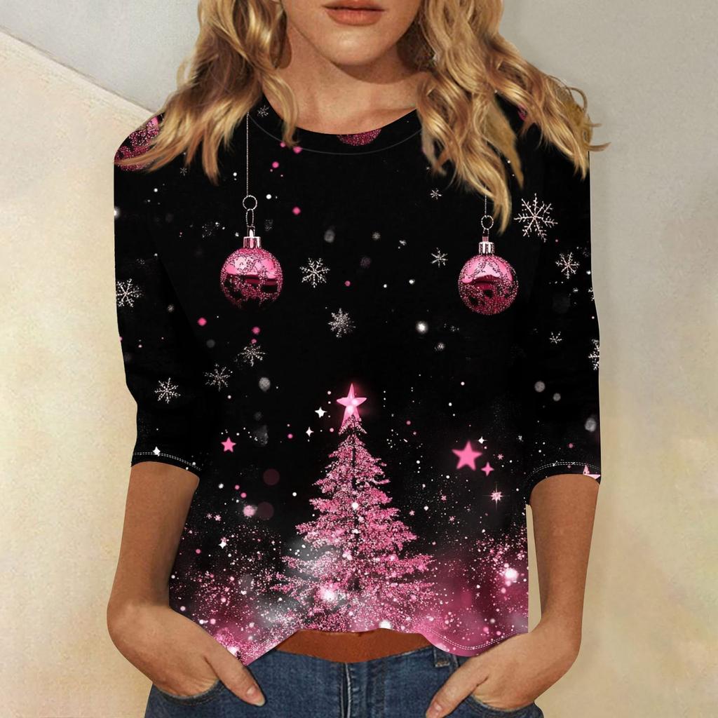 Женская повседневная футболка с круглым вырезом и рождественским принтом снежинок, рукав три четверти, топ, пуловер