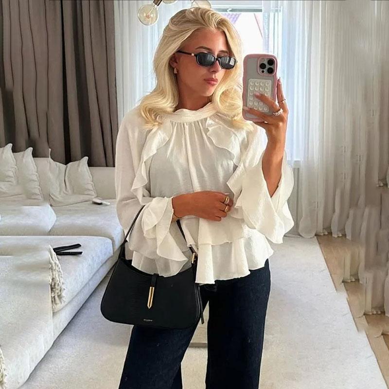 Elegant Long Sleeve Female O Neck Blouses Fashion Chiffon Ruffled Shirts for Women 2025 Spring New Chic Lady Tops Simple Commut