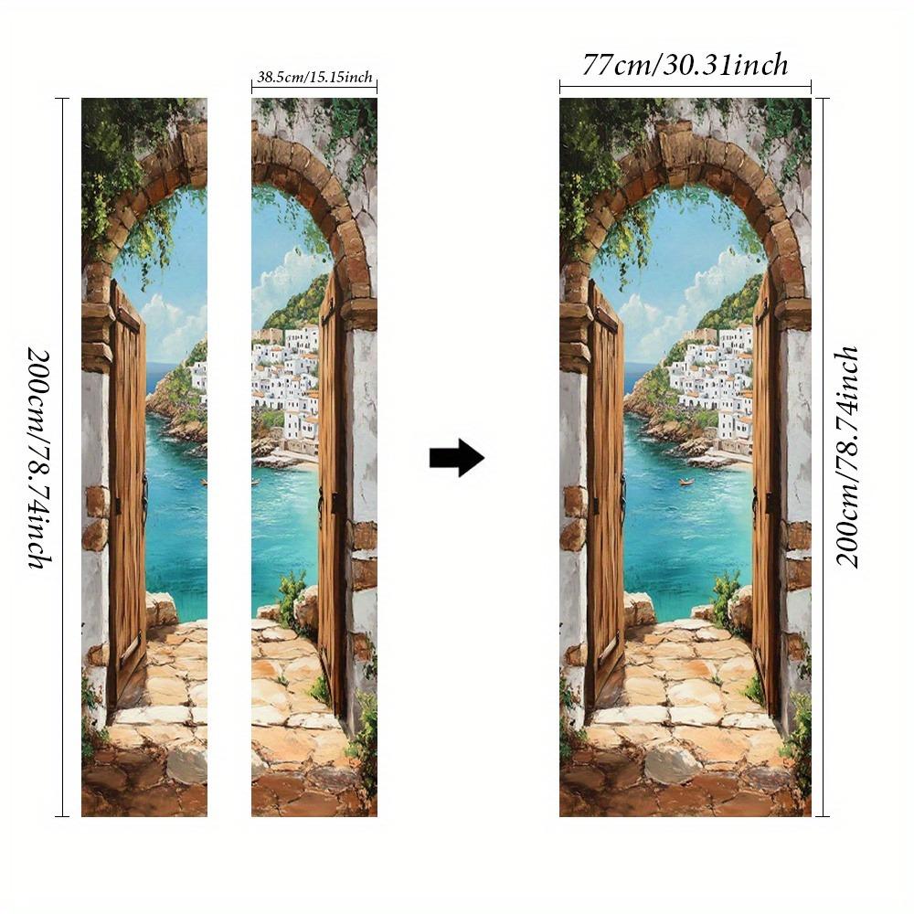 Дверные наклейки в тематике голубого океана с дизайном каменной арки и обоями с средиземноморским пейзажем, подходящие для домашнего декора.