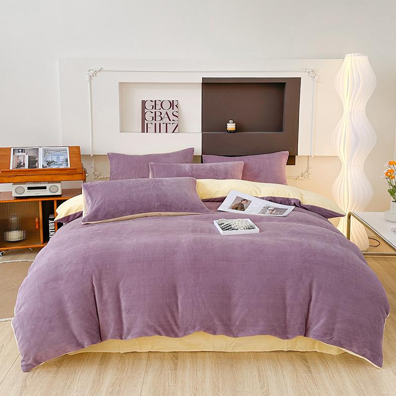 Double-sided Milk Fleece Four-piece Set, Thickened Coral Fleece Bed Linen, Fleece Thermal Flannel Quilt Cover