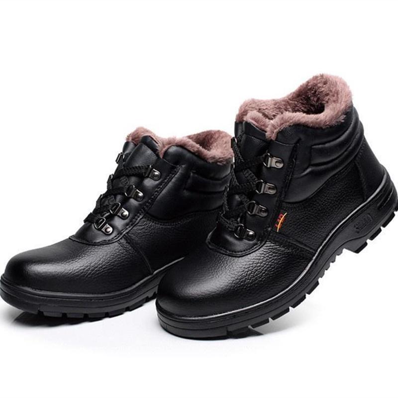 Winter Black Ankle Leather Safety Shoes Men Waterproof Shoes Thermal Cotton Boots