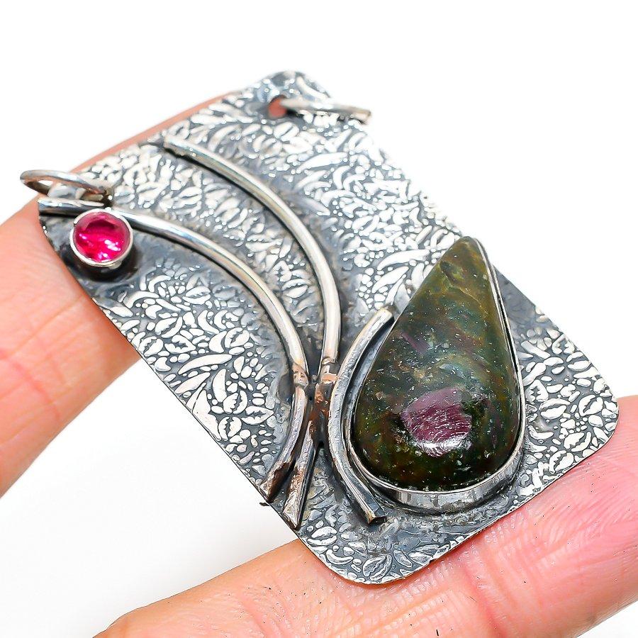 Ruby In Fuchsite, Pink Rubillite Ethnic 925 Sterling Silver Pendant 2.36" O0U32