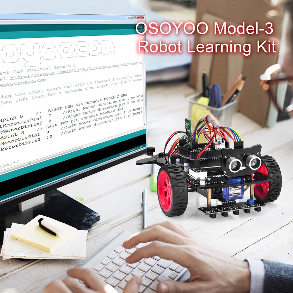 OSOYOO Arduino Модель 3 V2.0 DIY Набор Робототехнического Автомобиля Плата UNO R3 Моторный Щит Датчик Отслеживания Линии Ультразвуковой Датчик Bluetooth ИК-Пульт Дистанционного Управления – Зарядное Устройство для Батарей