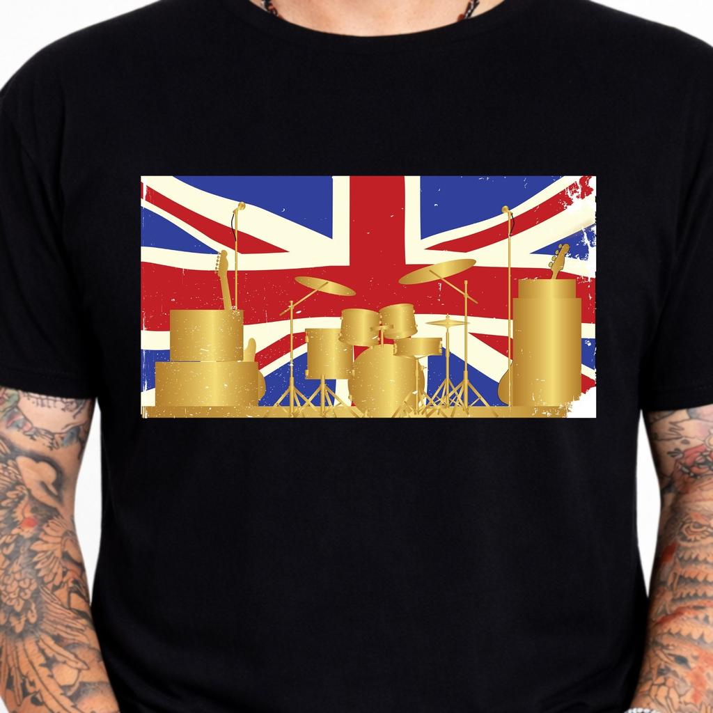 British Union Jack Flag Gold Rock Band Instruments Drums Vintage Graphic T-Shirt