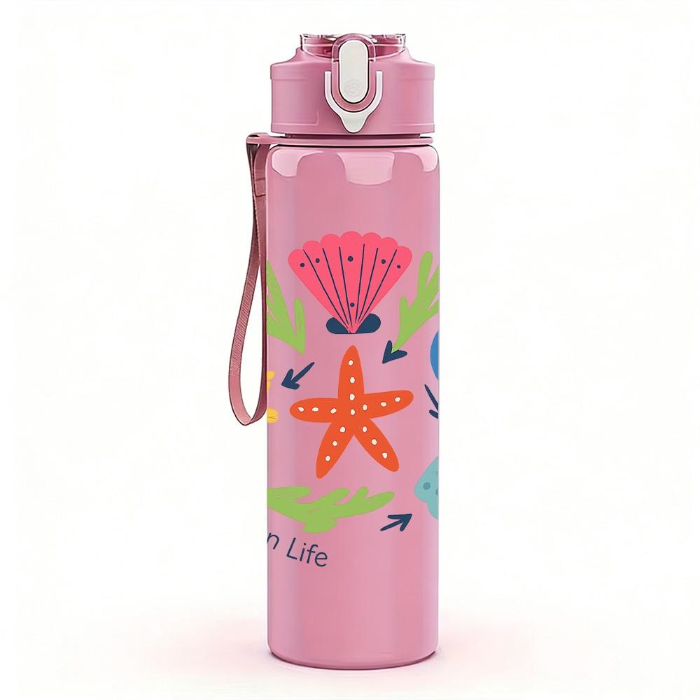 1PC Ocean Shell Starfish Scene 750ml Color Plastic Sports Water Bottle Leakproof Flip Straw Lid Suitable for Sports Office Home Use