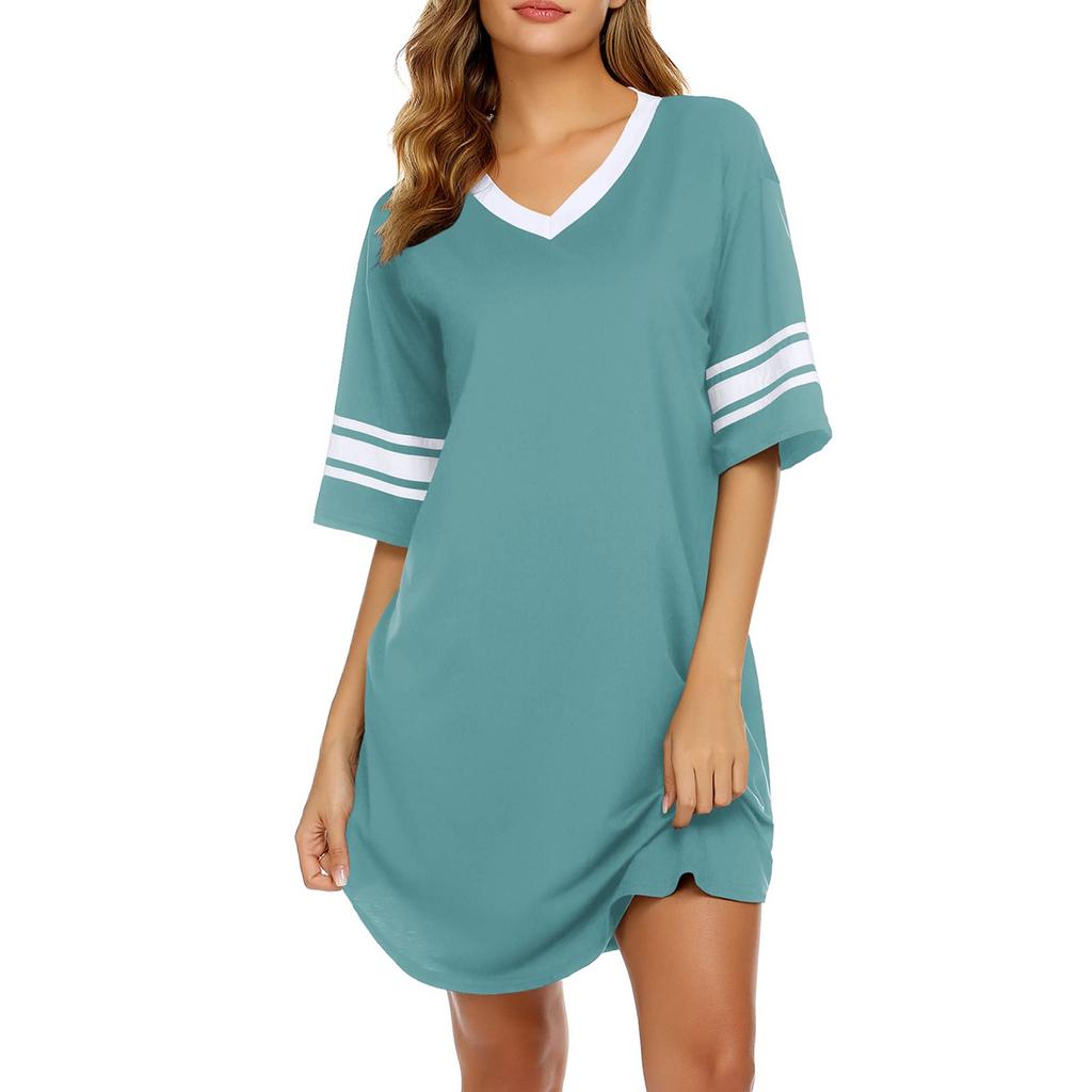 Women's Nightgown Cotton Sleep Shirt V Neck Short Sleeve Loose Comfy Pajama Sleepwear