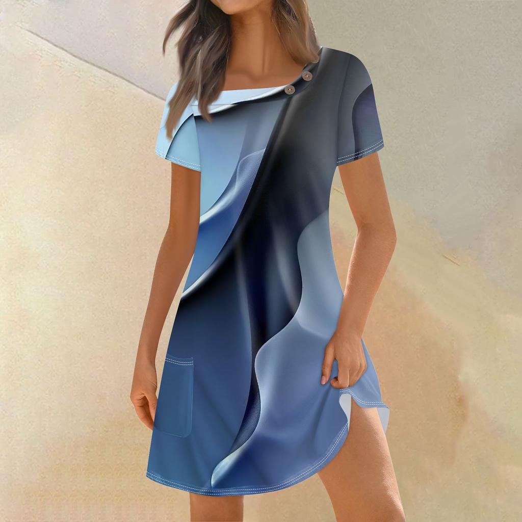 Женская мода, летние платья с квадратным вырезом и коротким рукавом, повседневные свободные платья с карманами и пуговицами в стиле пэчворк с принтом