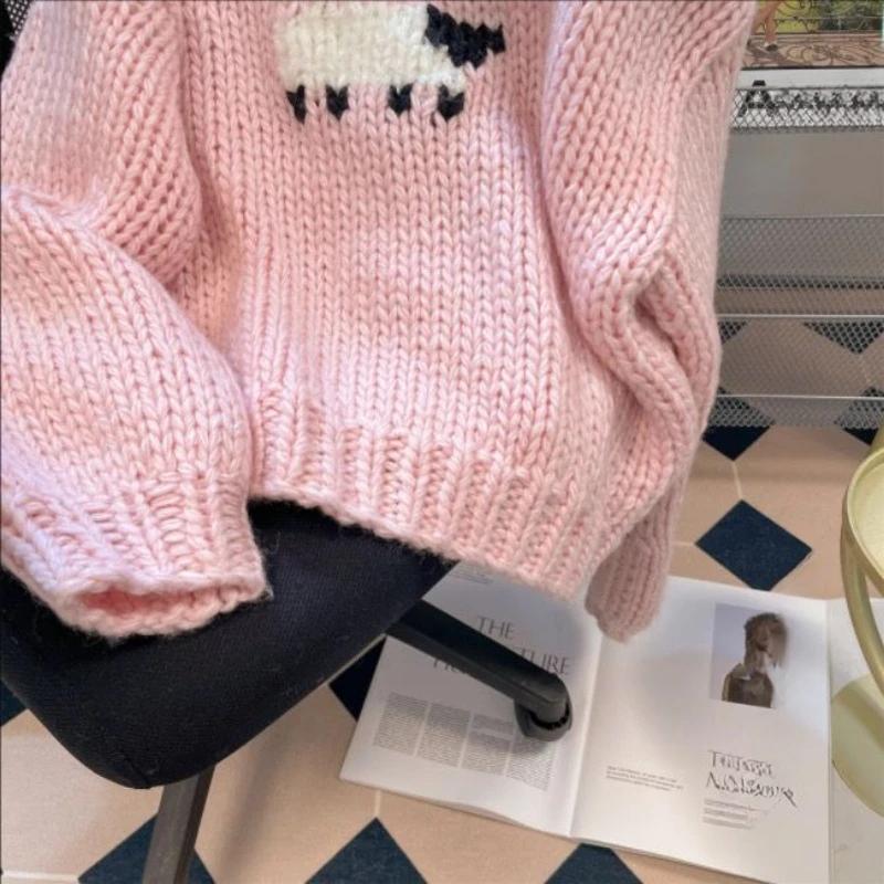 Розовый овечий женский вязаный свитер, симпатичная верхняя одежда в стиле дамы с длинными рукавами, осенние свободные повседневные топы