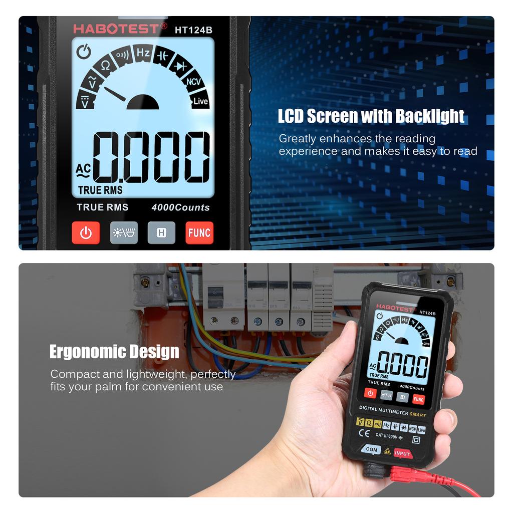 HABOTEST HT124B Умный цифровой мультиметр 4000 отсчетов True   Автоматический выбор диапазона Вольтметр с подсветкой ЖК-экрана 600В AC   Вольтметр Электрический тест
